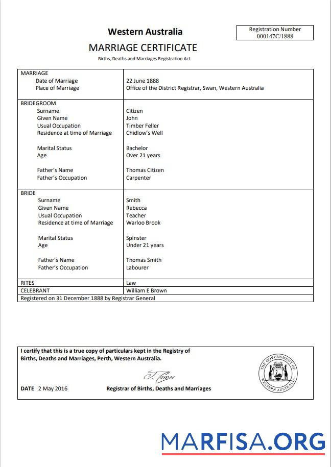 Printable Australia Western Australia marriage certificate template in Word format